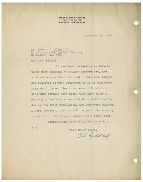 Scarce 1938 Letter Signed by Robert H. Goddard, the Father of Space Flight -- ''...such matters as the rocket motor have accordingly not received as much attention...'' -- With JSA COA
